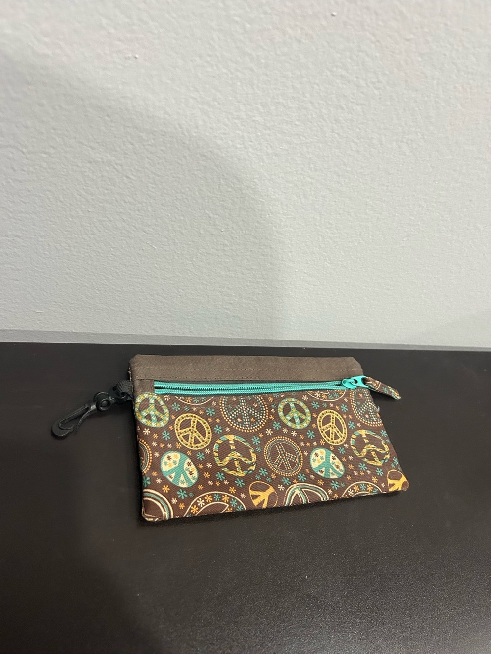 Brown Peace Sign Zip Pouch with Teal Accent Authentic Y2K